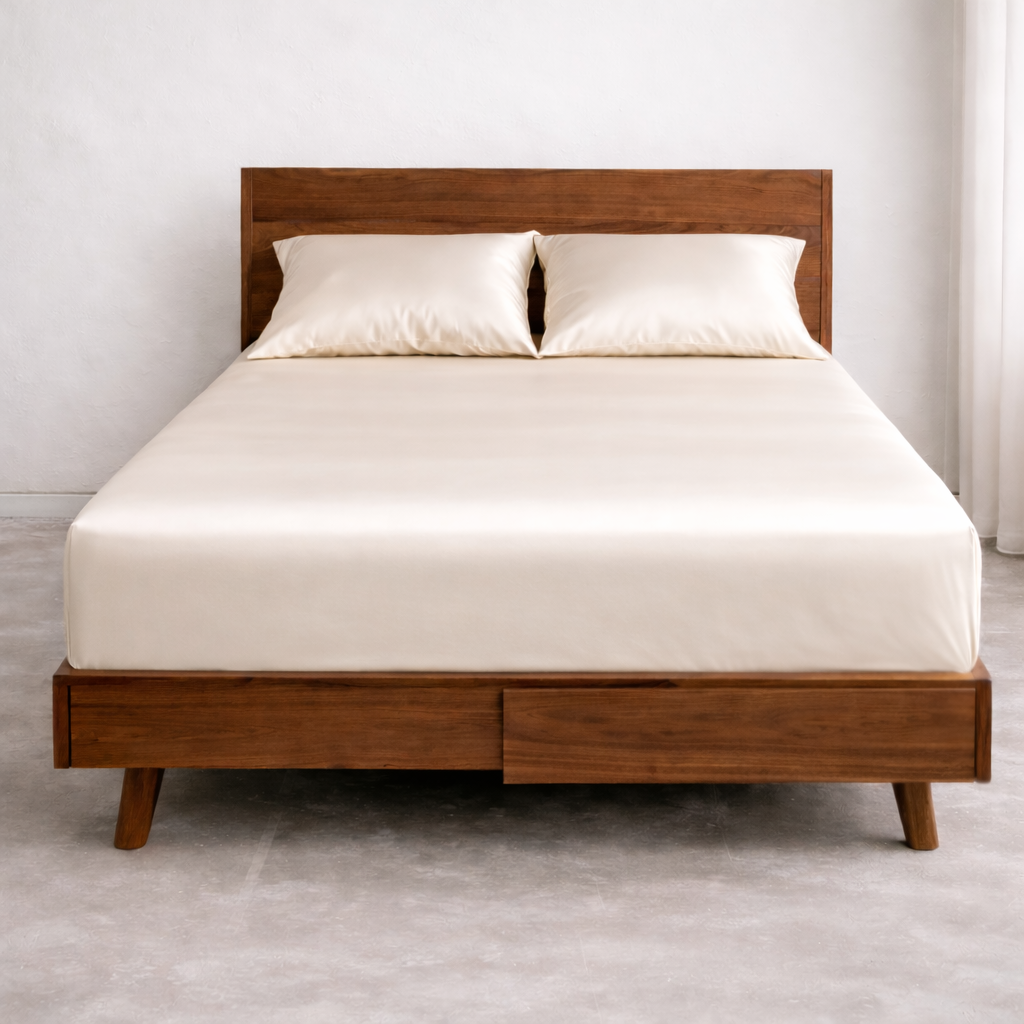 Luxury king size bed with breathable fitted eucalyptus sheet in white ivory for cool and dry sleep comfort.