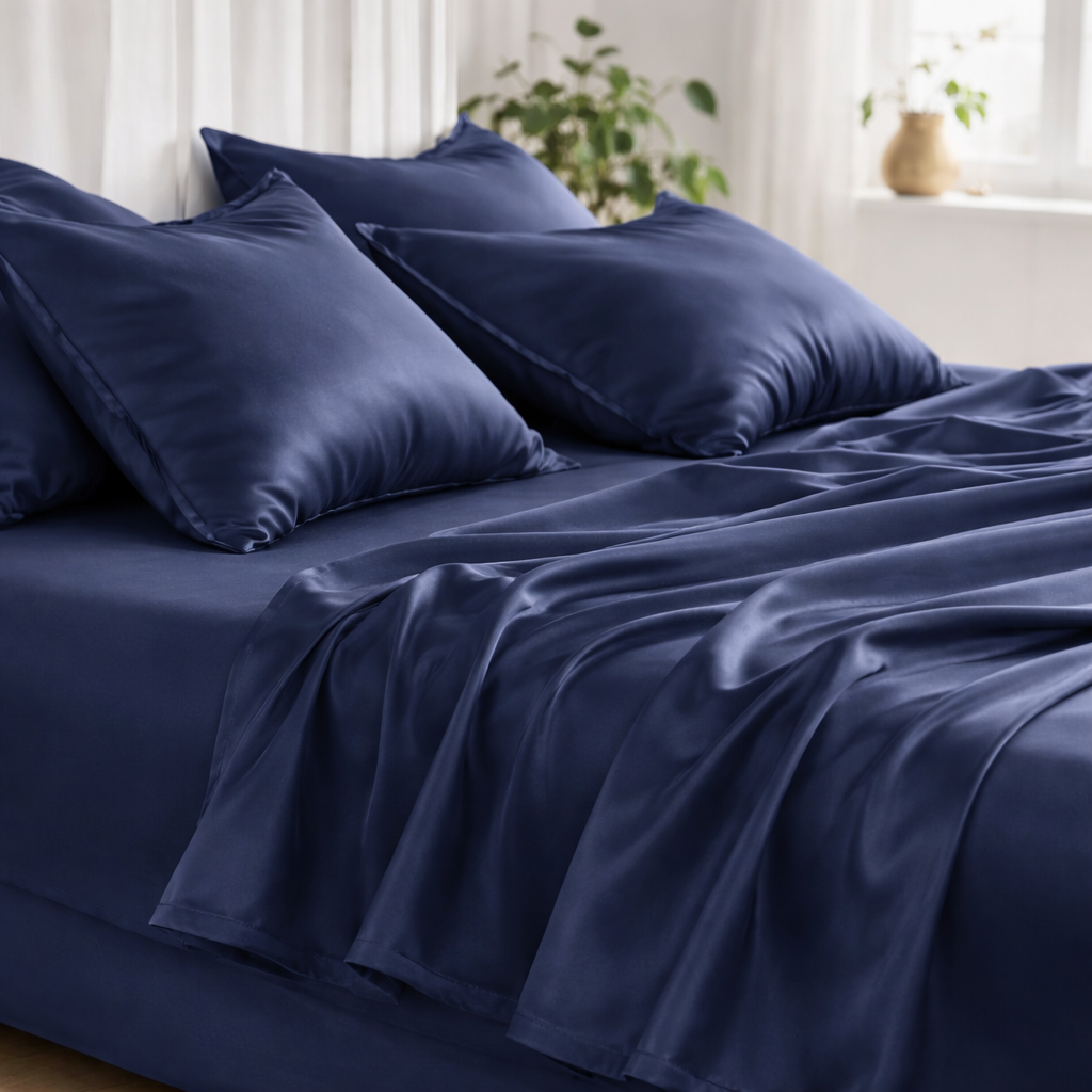 Dark blue cooling eucalyptus sheets designed for hot sleepers with night sweats
