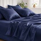 Dark blue cooling eucalyptus sheets designed for hot sleepers with night sweats
