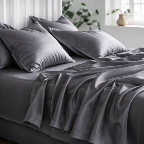 Dark grey cooling eucalyptus flat sheets designed for hot sleepers and menopausal women experiencing night sweats.
