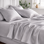Light grey cooling eucalyptus sheets designed for hot sleepers and menopausal women experiencing night sweats.