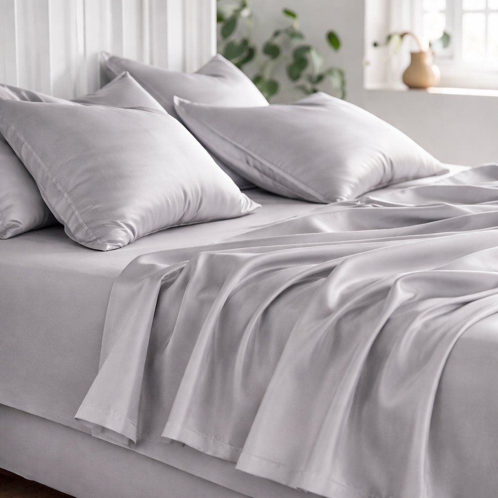 Light grey cooling eucalyptus sheets designed for hot sleepers and menopausal women experiencing night sweats.