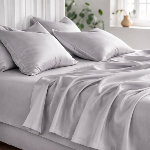 Light grey cooling eucalyptus sheets designed for hot sleepers and menopausal women experiencing night sweats.