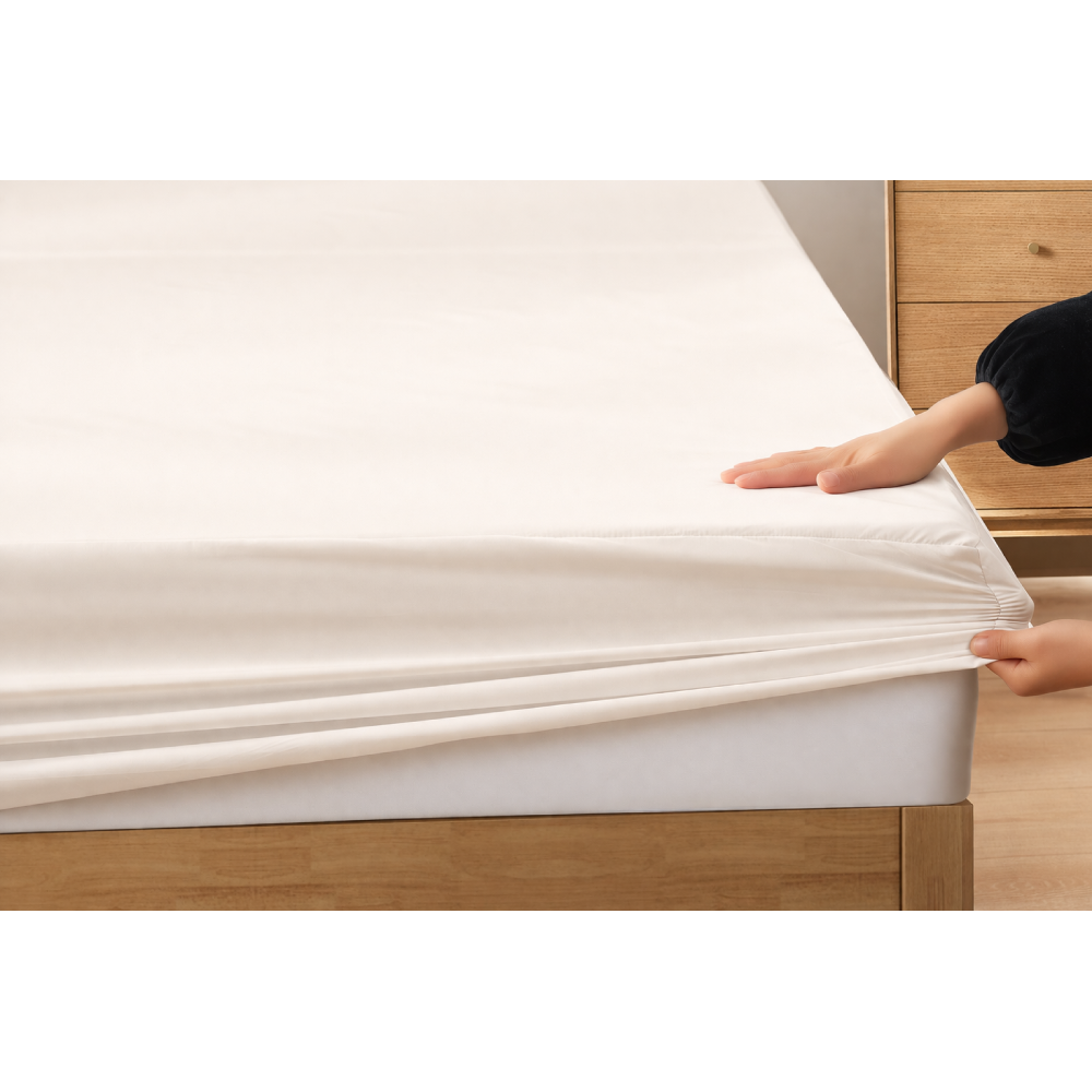 Woman bedding silky-soft white ivory fitted eucalyptus sheets with breathable and hypoallergenic comfort.